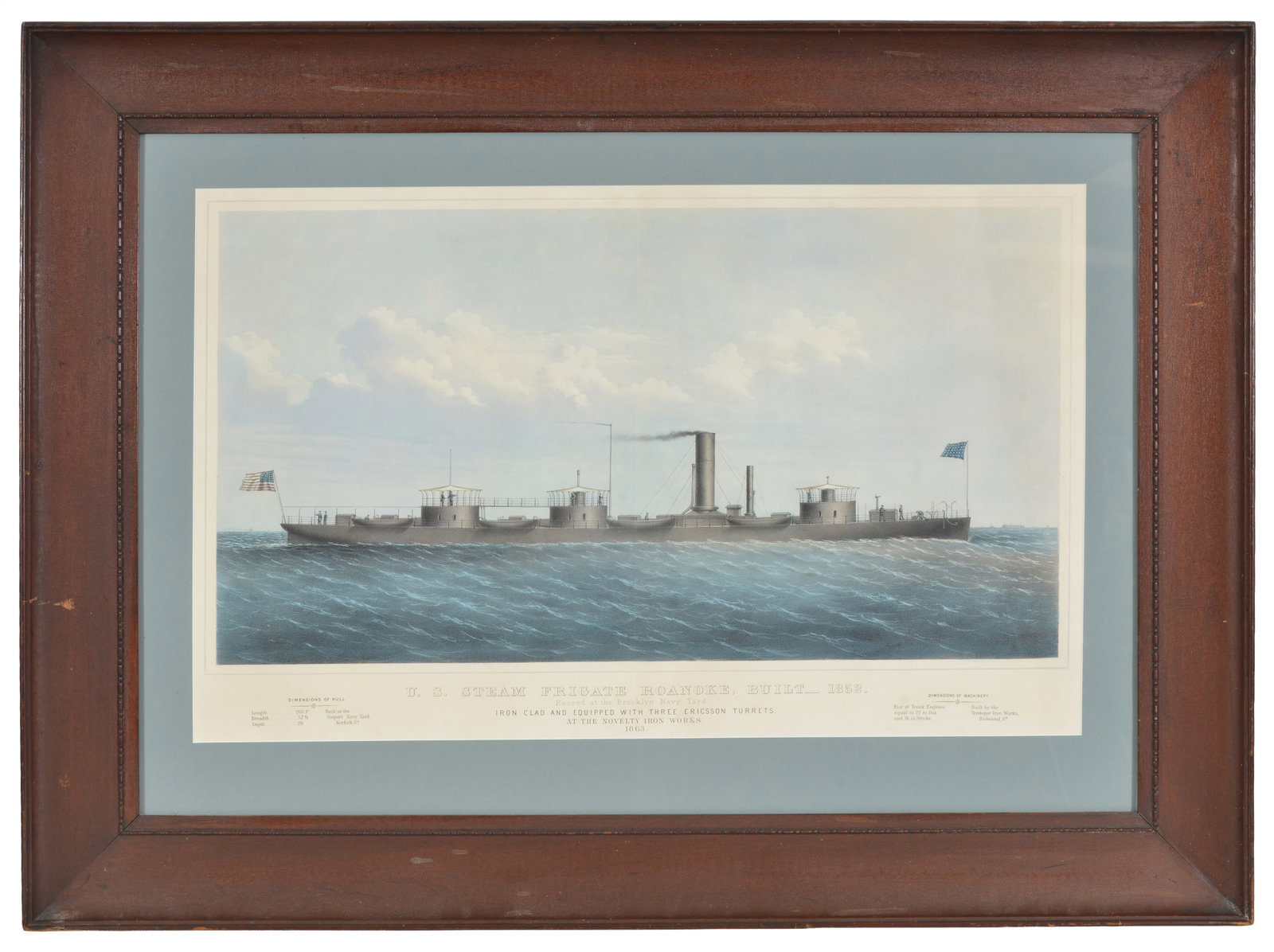 Historic Civil War lithograph U.S. Steam Frigate Roanoke, built in 1852. Framed. Center crease.: Historic Civil War lithograph U.S. Steam Frigate Roanoke, built in 1852. Framed. Center crease. Sight size 19 29.5 in, overall size 31 x 41 in.