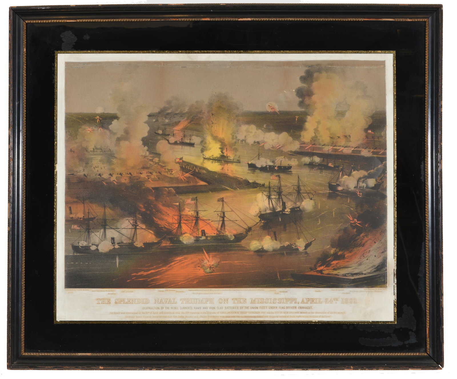 Currier & Ives The Splendid Naval Triumph of the Mississippi, April 24th, 1862. Hand colored (1 of 6)