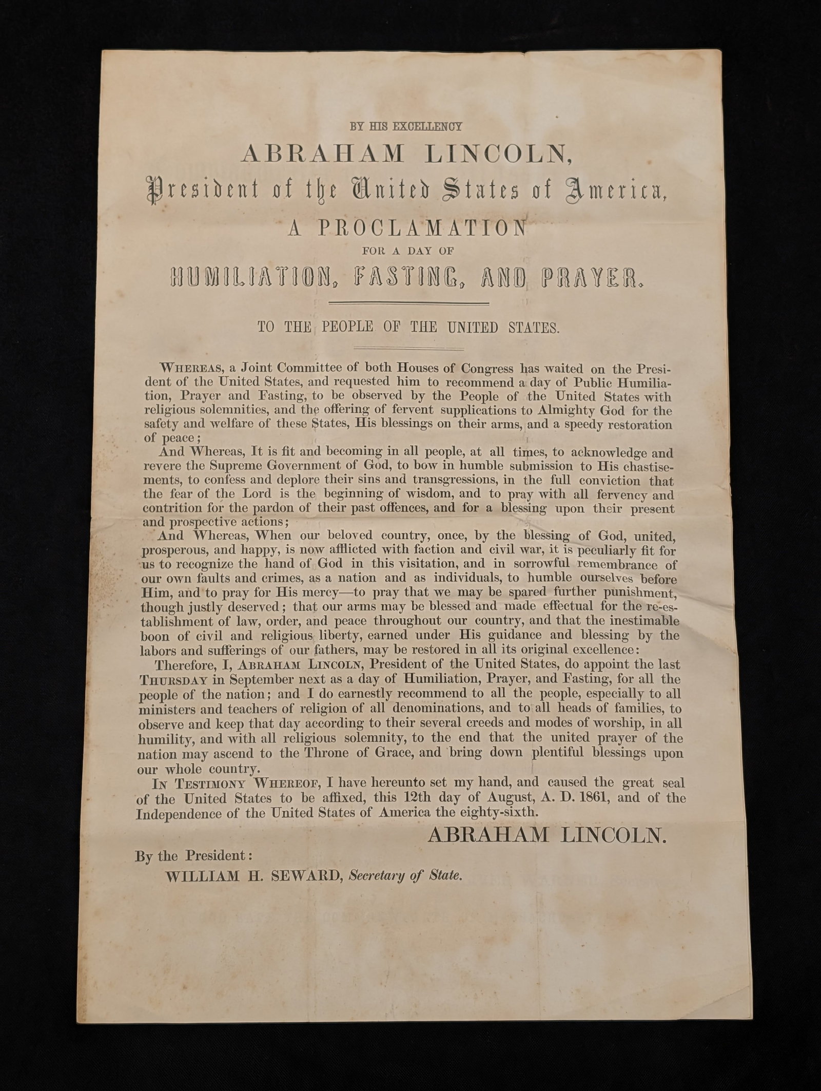 Abraham Lincoln. Proclamation 85 - "A Proclamation for a Day of Humiliation, Fasting, and Prayer". (1 of 3)