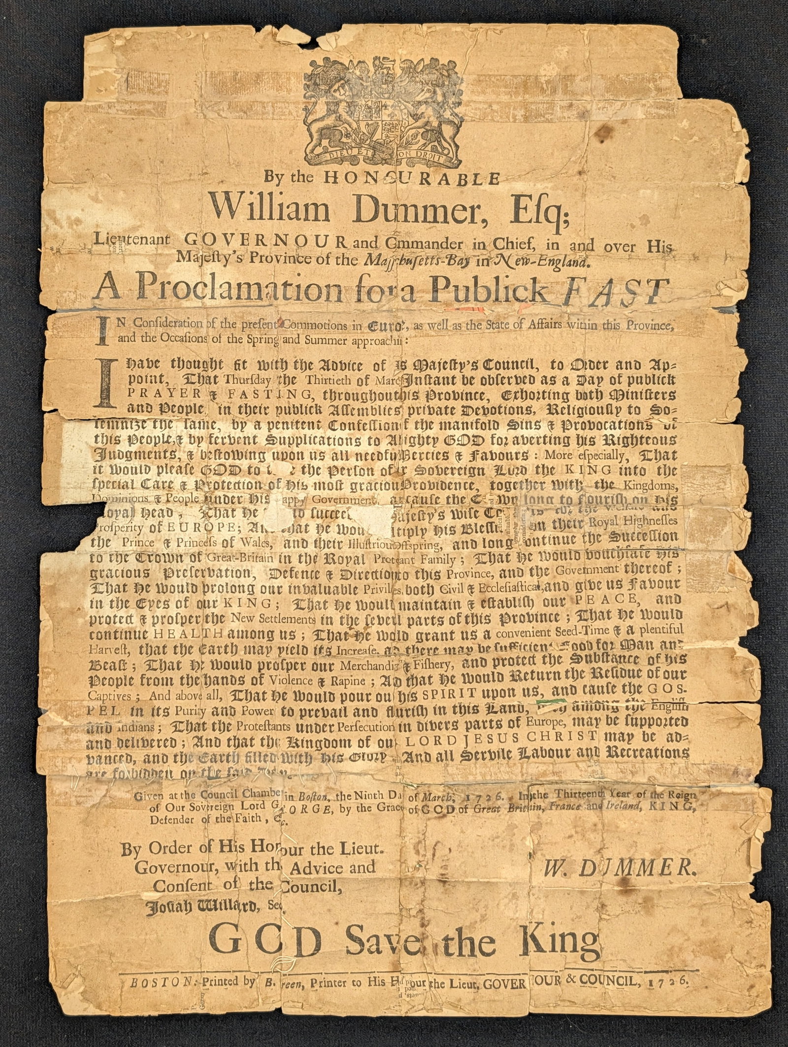 1727 William Dummer Massachusetts Bay Colony proclamation for a public fast on Thursday, March 30th. (1 of 6)