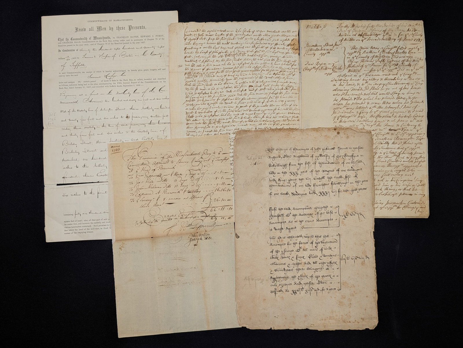 17th and 18th century American manuscript deeds and documents. To include: 1) Boston, MA, 1674 (1 of 12)