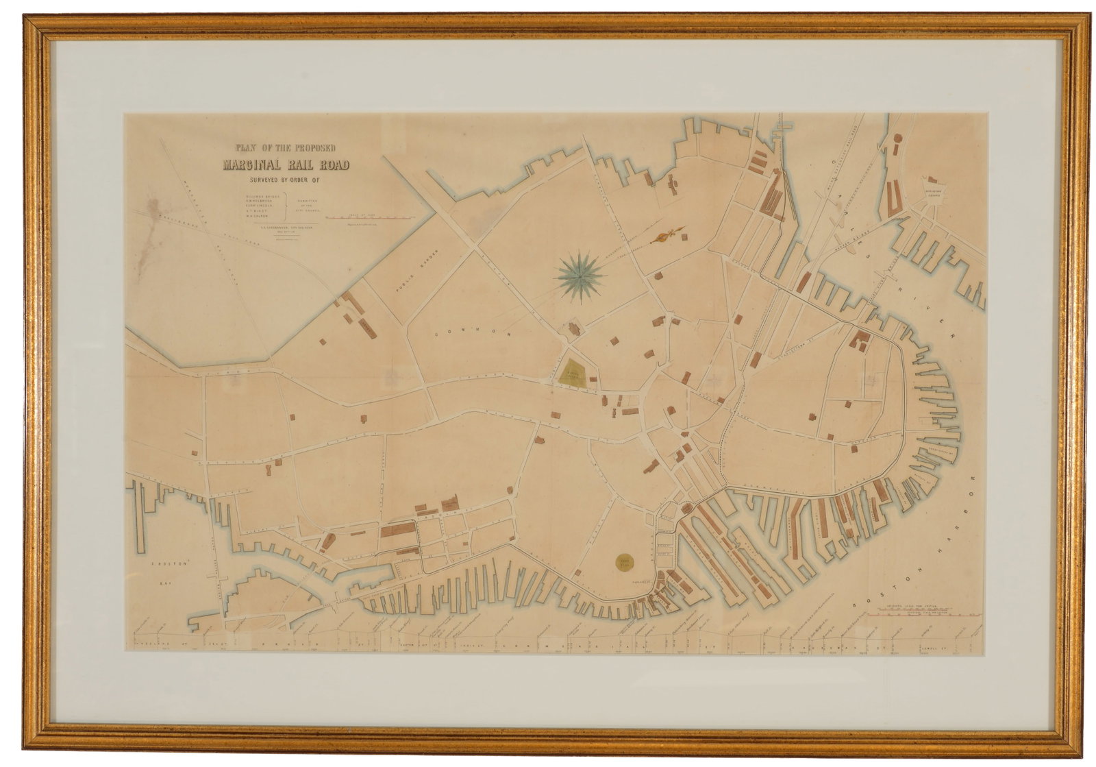 Historical Boston mid-19th Century engraved engineering map. "Plan of the Proposed Marginal Rail: Historical Boston mid-19th Century engraved engineering map. "Plan of the Proposed Marginal Rail Road". Surveyed by order of Committee of the City Council, E.S. Chesebrough, City Engineer, Dec, 30th, 