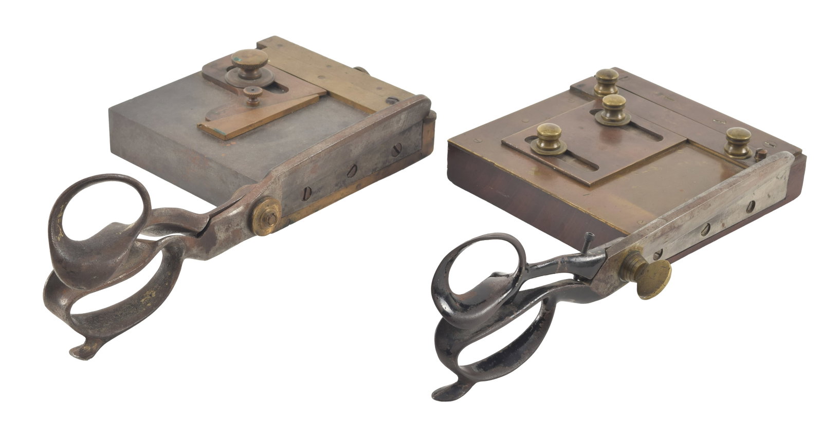 2 playing card trimmers. One marked R. Heinisch Inventor, Newark, NJ. The other G.W.W. Elm St. (1 of 8)