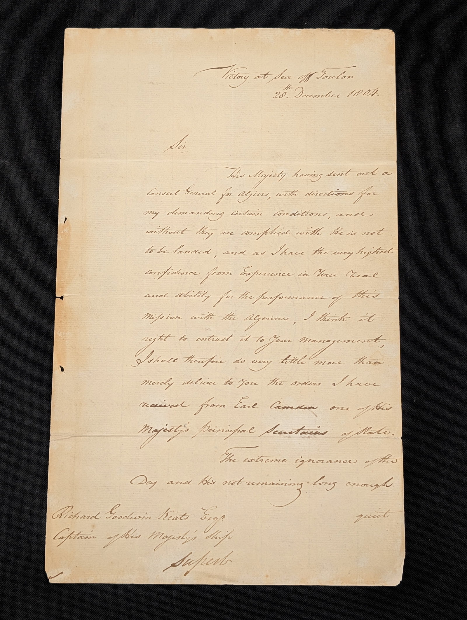 Lord Horatio Nelson. 1804 letter, signed. Written from his ship, the HMS Victory, at sea off Toulon (1 of 7)