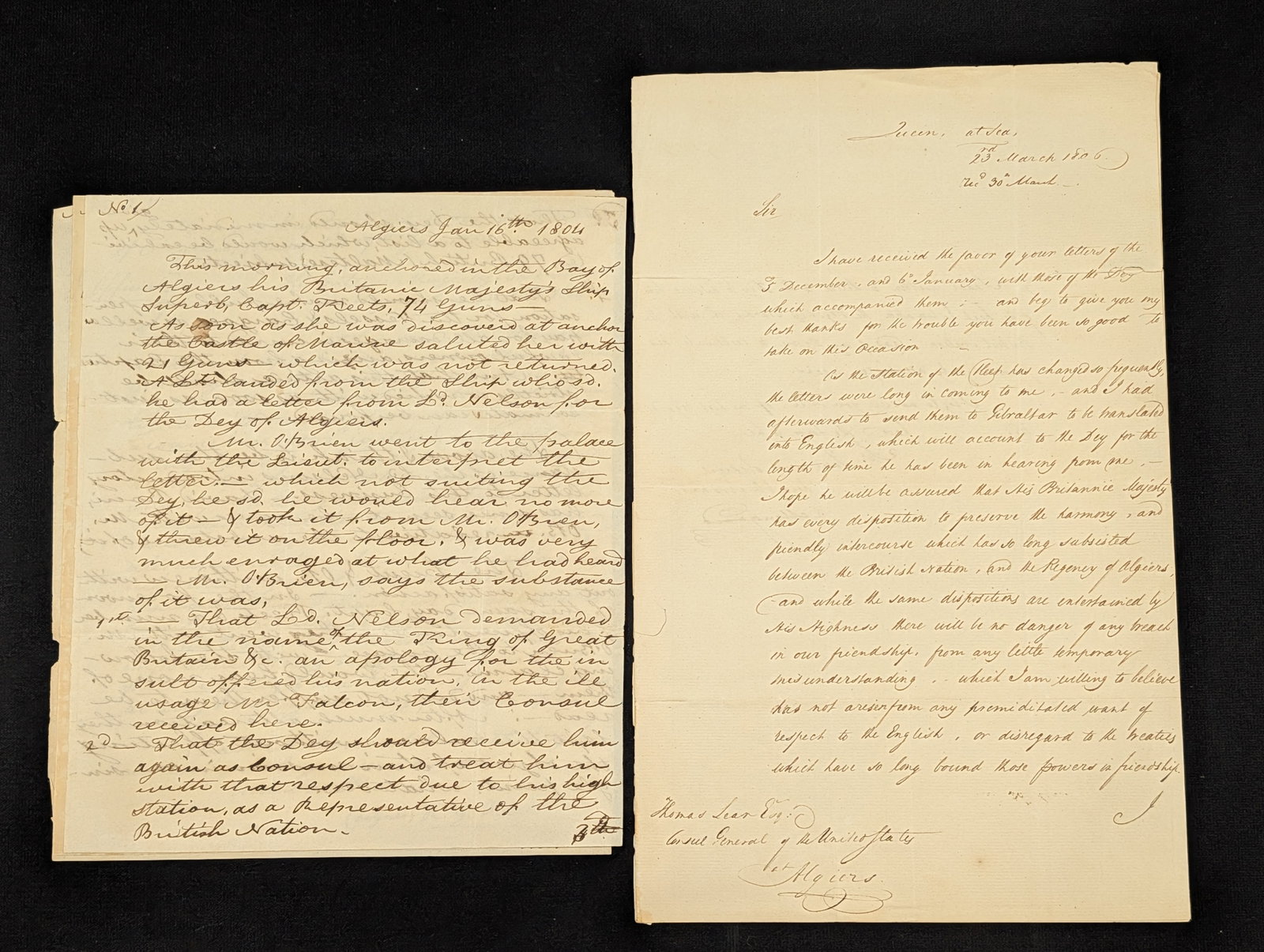 Barbary War, English Relations documents. To include: 1) March 23, 1806 letter from Lord Admiral (1 of 8)