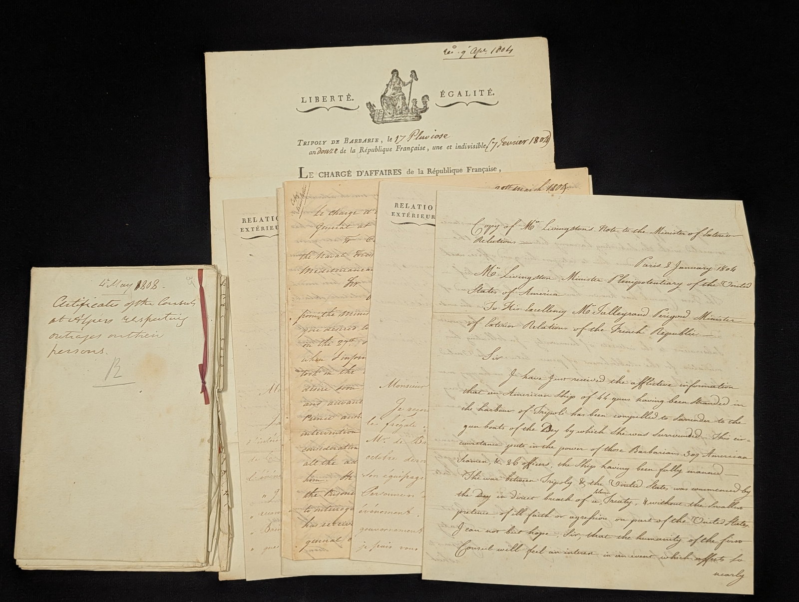 Barbary Wars documents. To include: 1) French document "4 May 1808 Certificates of the Consuls at (1 of 11)