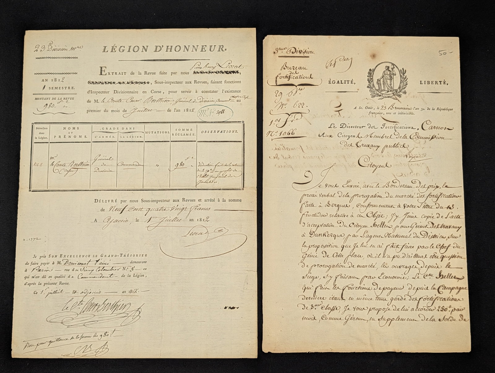 3 Napoleonic French Empire documents. 1) Cesar Berthier "Legion D'Honneur" division General military (1 of 4)