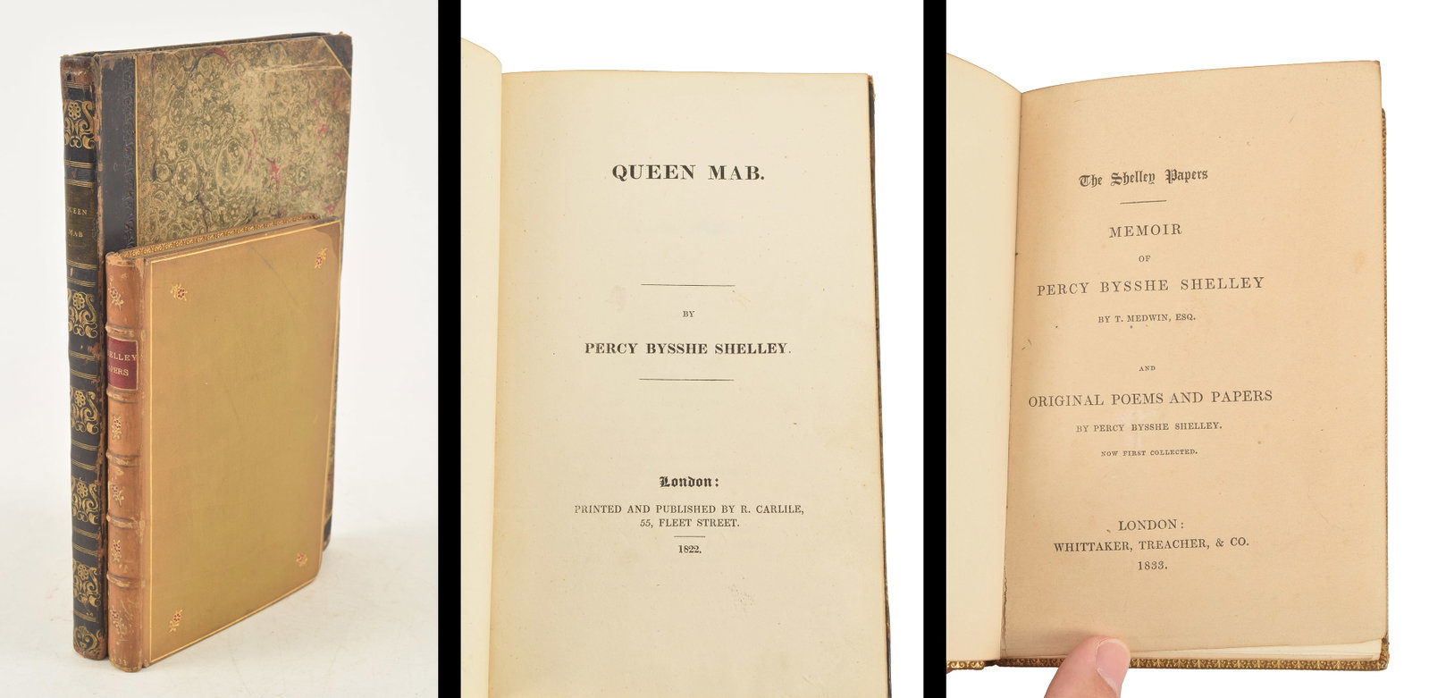 Percy Bysshe Shelly. 2 works, to include: 1) Queen Mab. London: R. Carlile, 1822. 8.75 x 5.5in. 2) (1 of 5)