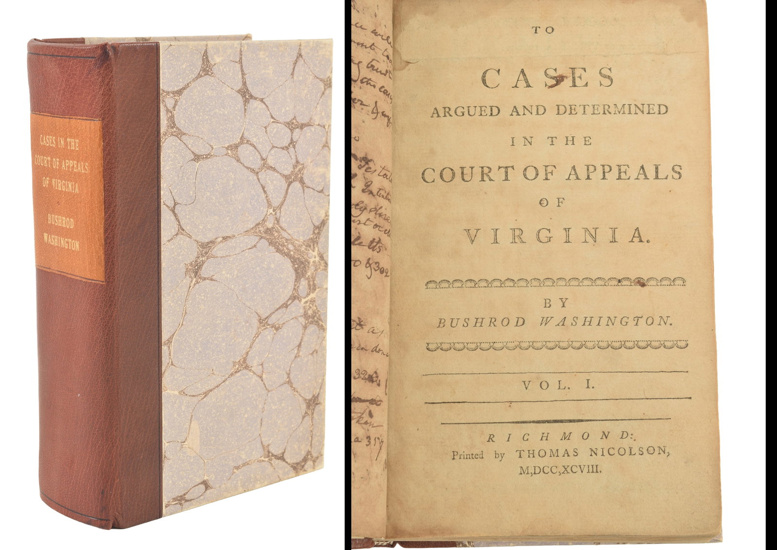 Bushrod Washington. Cases Argued and Determined in the Court of Appeals of Virginia. 2 volumes in 1. (1 of 7)