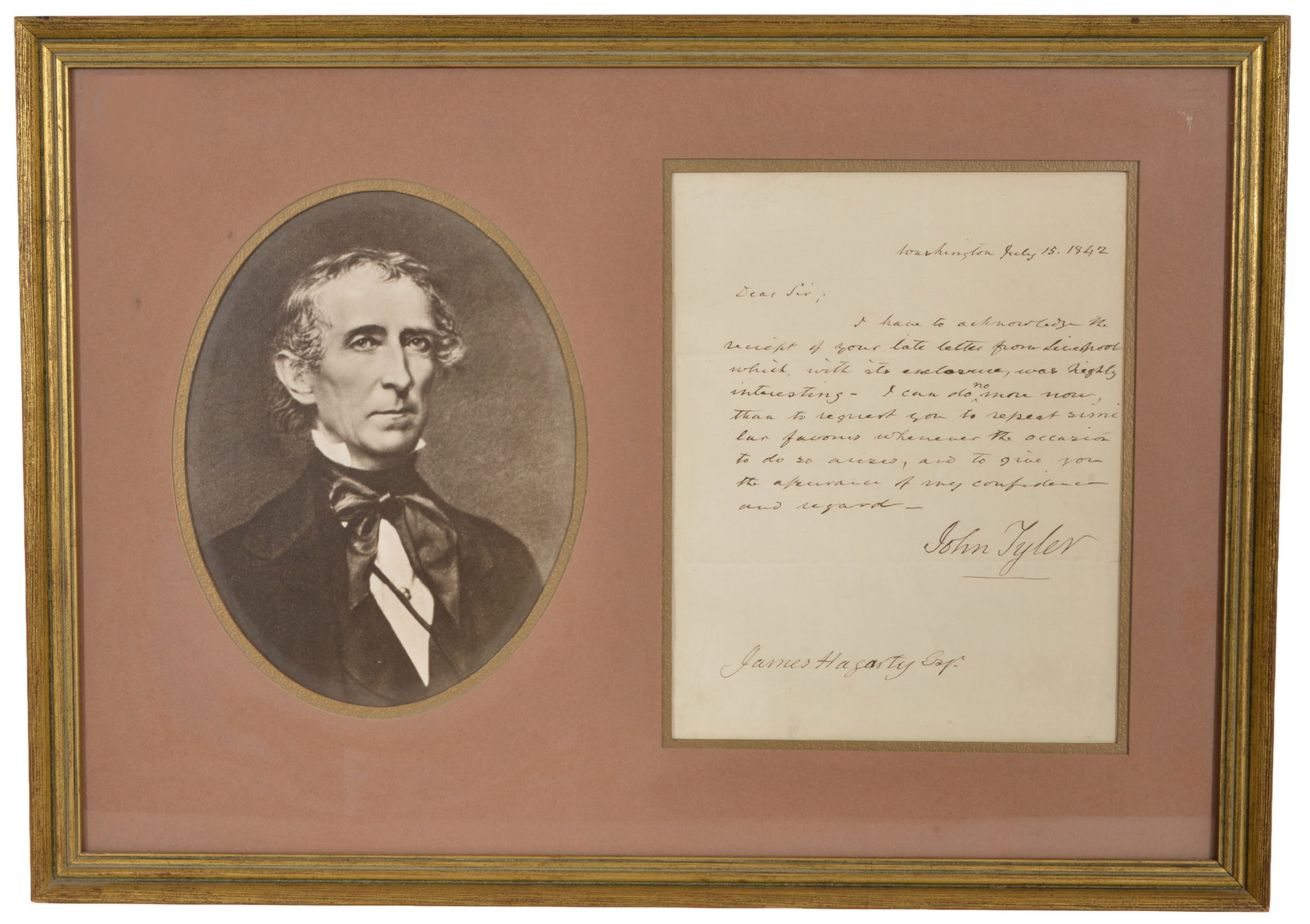 John Tyler ALS as President to James Hagarty, 1842. Handwritten and signed letter from John Tyler (1 of 7)