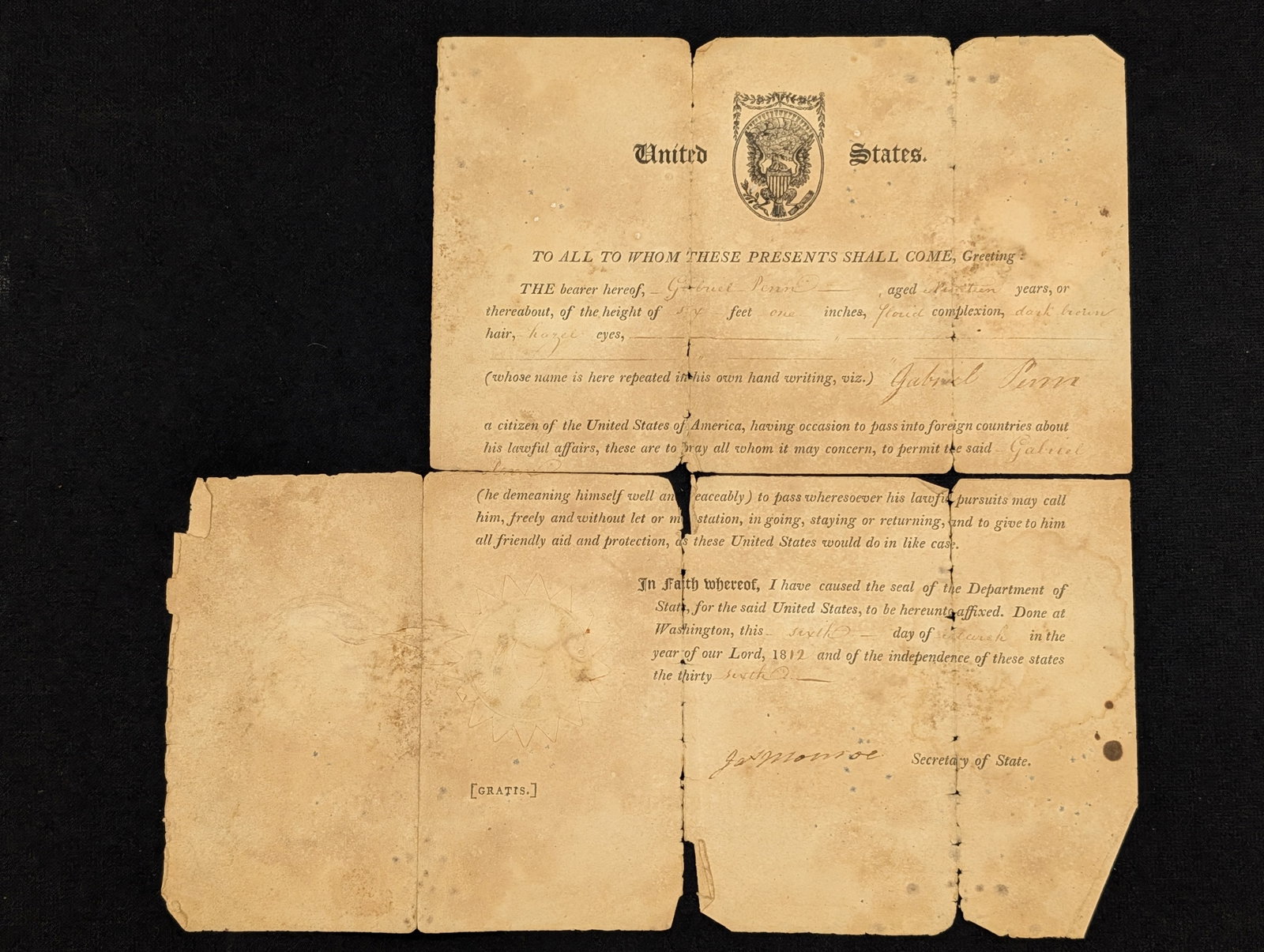 James Monroe signed United States passport document. Issued to Gabriel Penn, also the subject of a (1 of 6)