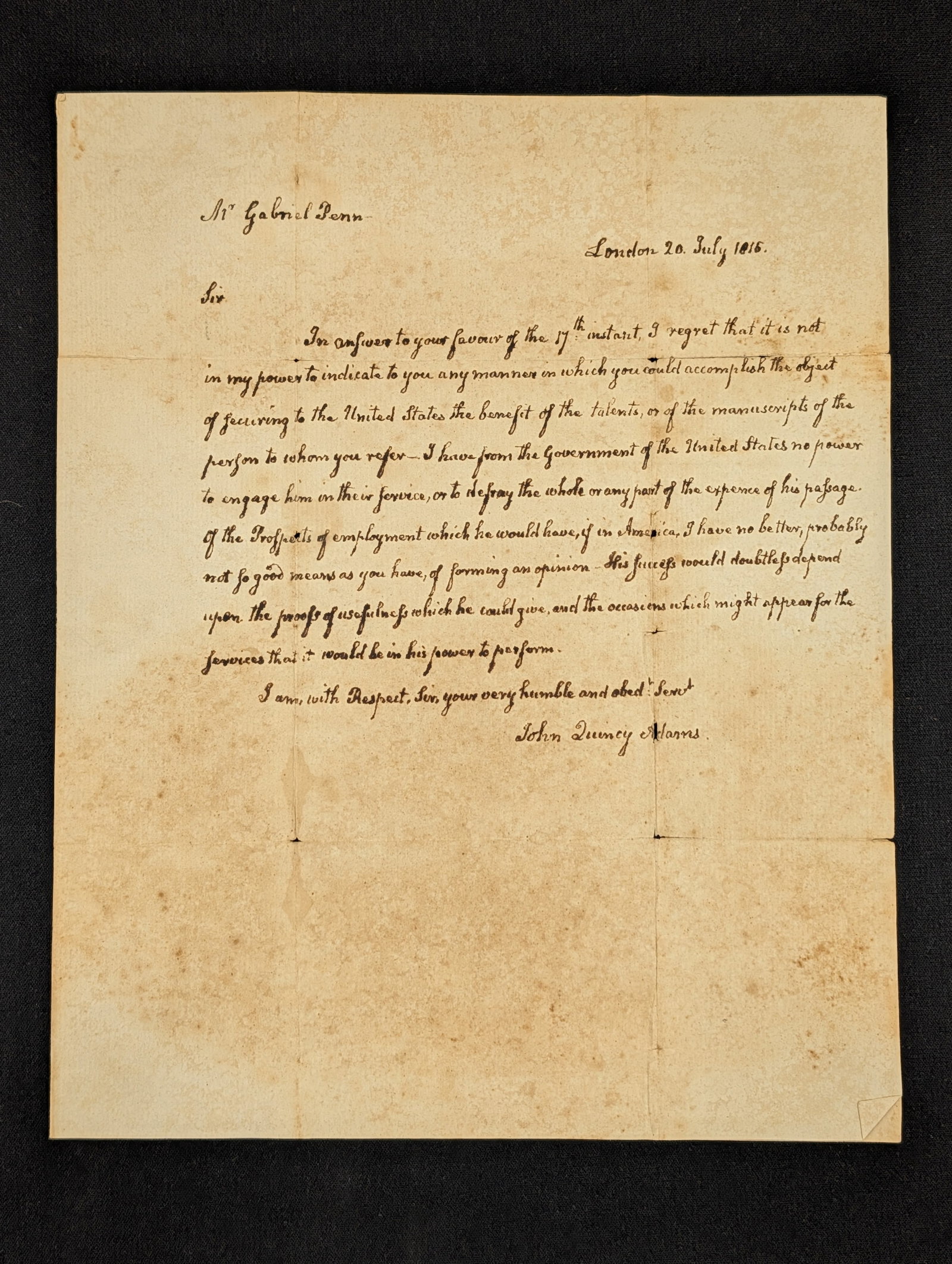 John Quincy Adams ALS as ambassador to the United Kingdom. Dated London 20 July 1815 and addressed (1 of 3)