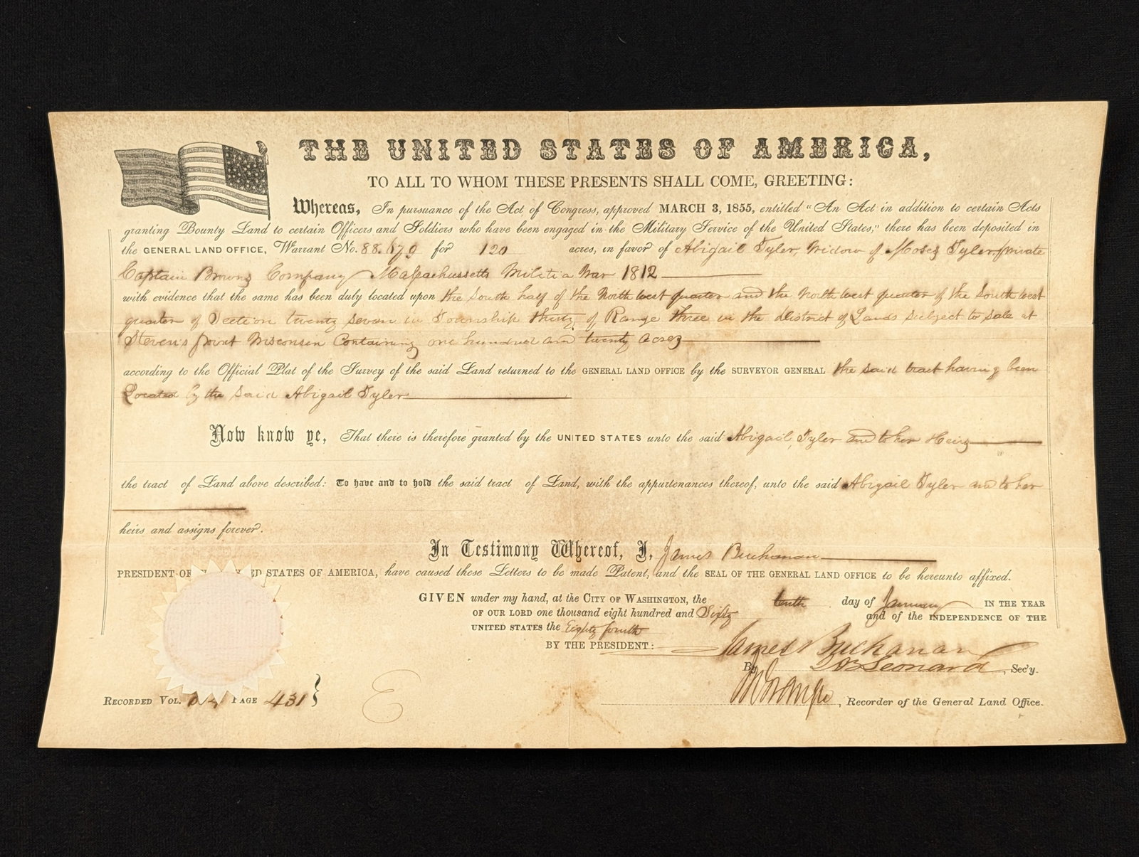 1860 James Buchanan signed land grant in Steven's Point, Wisconsin. Awarded to Abigail Tyler, widow (1 of 5)