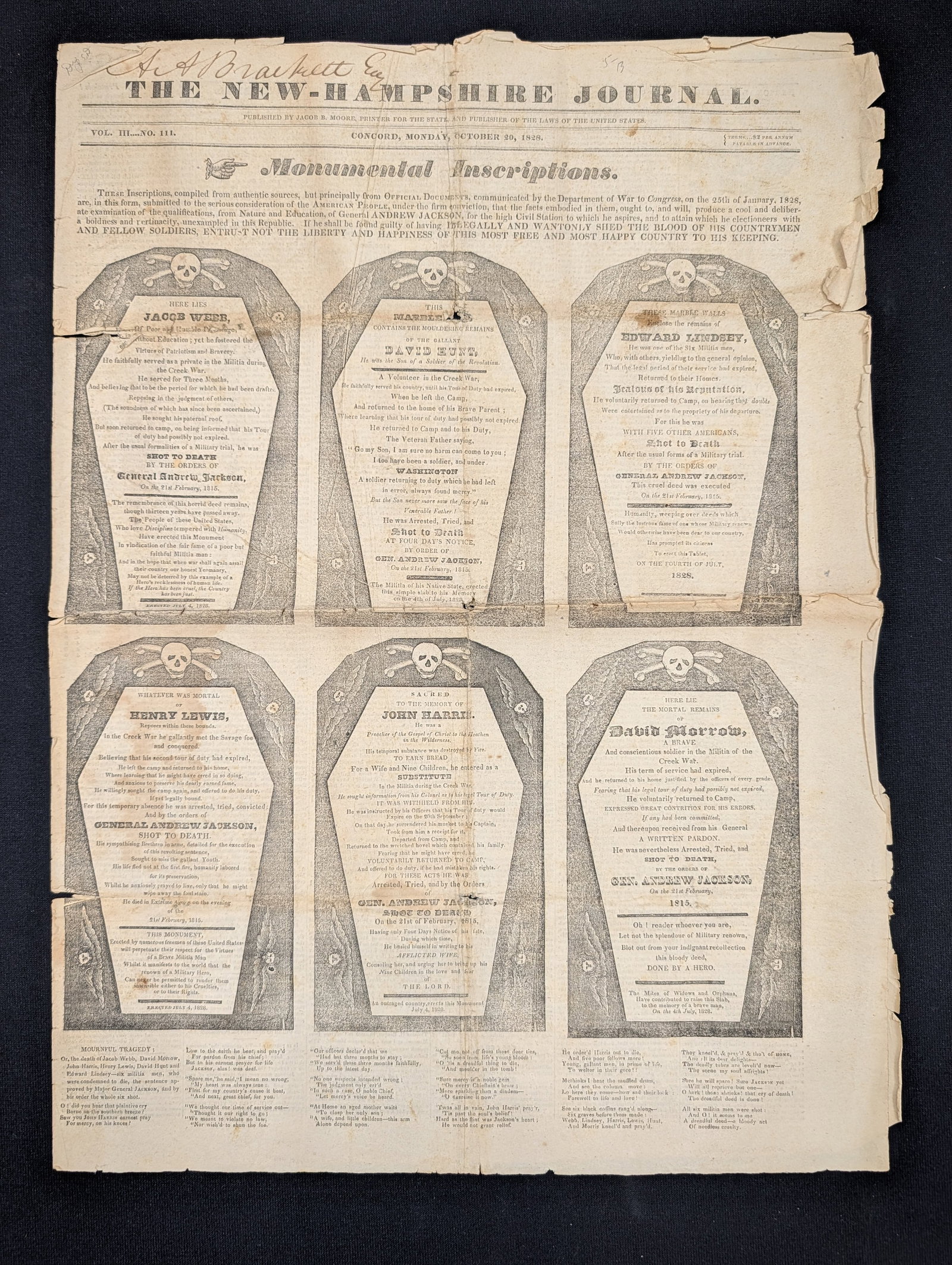 Andrew Jackson "Coffin Handbills" newspaper broadside, 1828. Monday, October 20, 1828 issues of The (1 of 6)