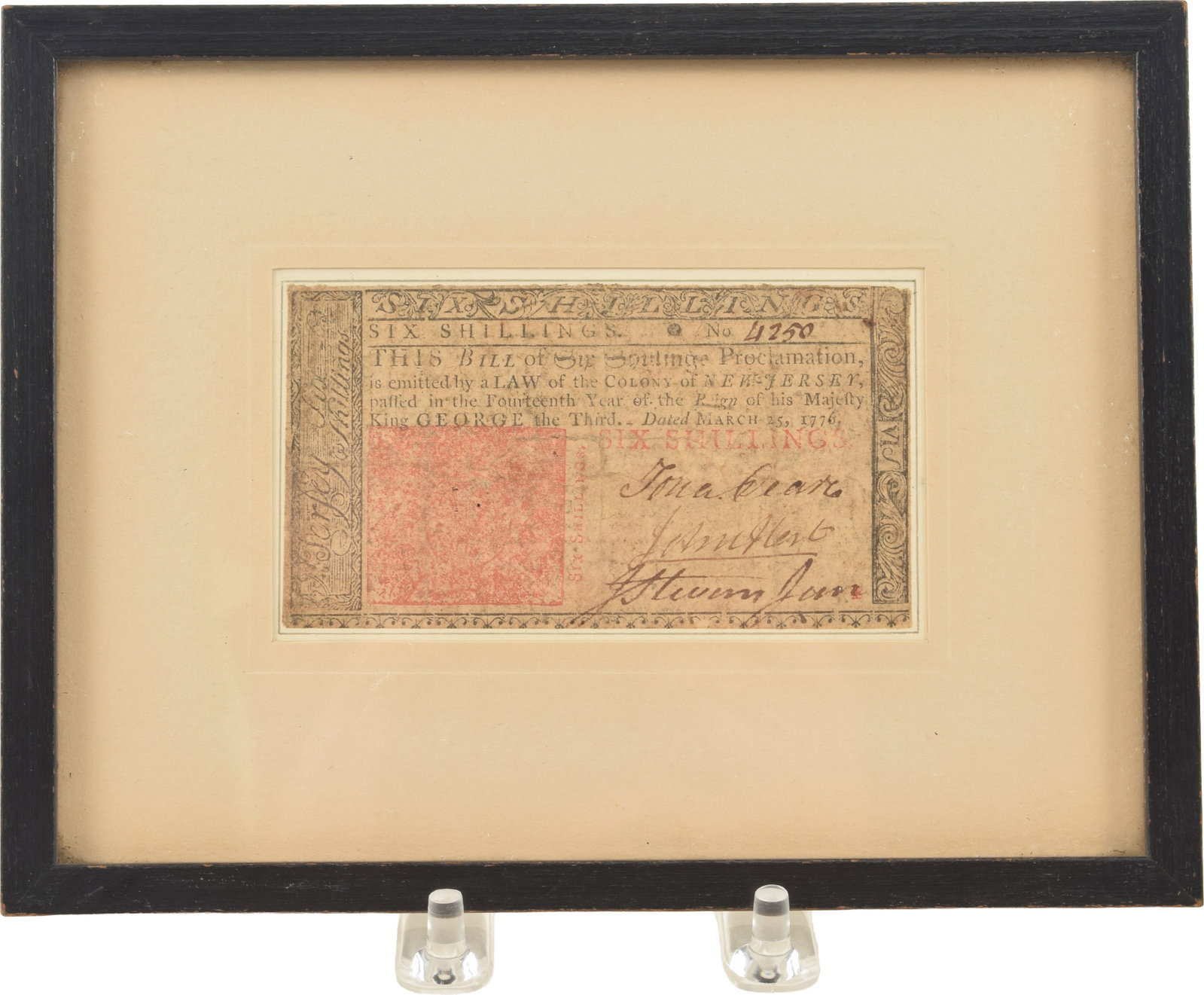 John Hart signed six shilling colonial currency note, dated March 25, 1776, New Jersey. Hart would (1 of 4)