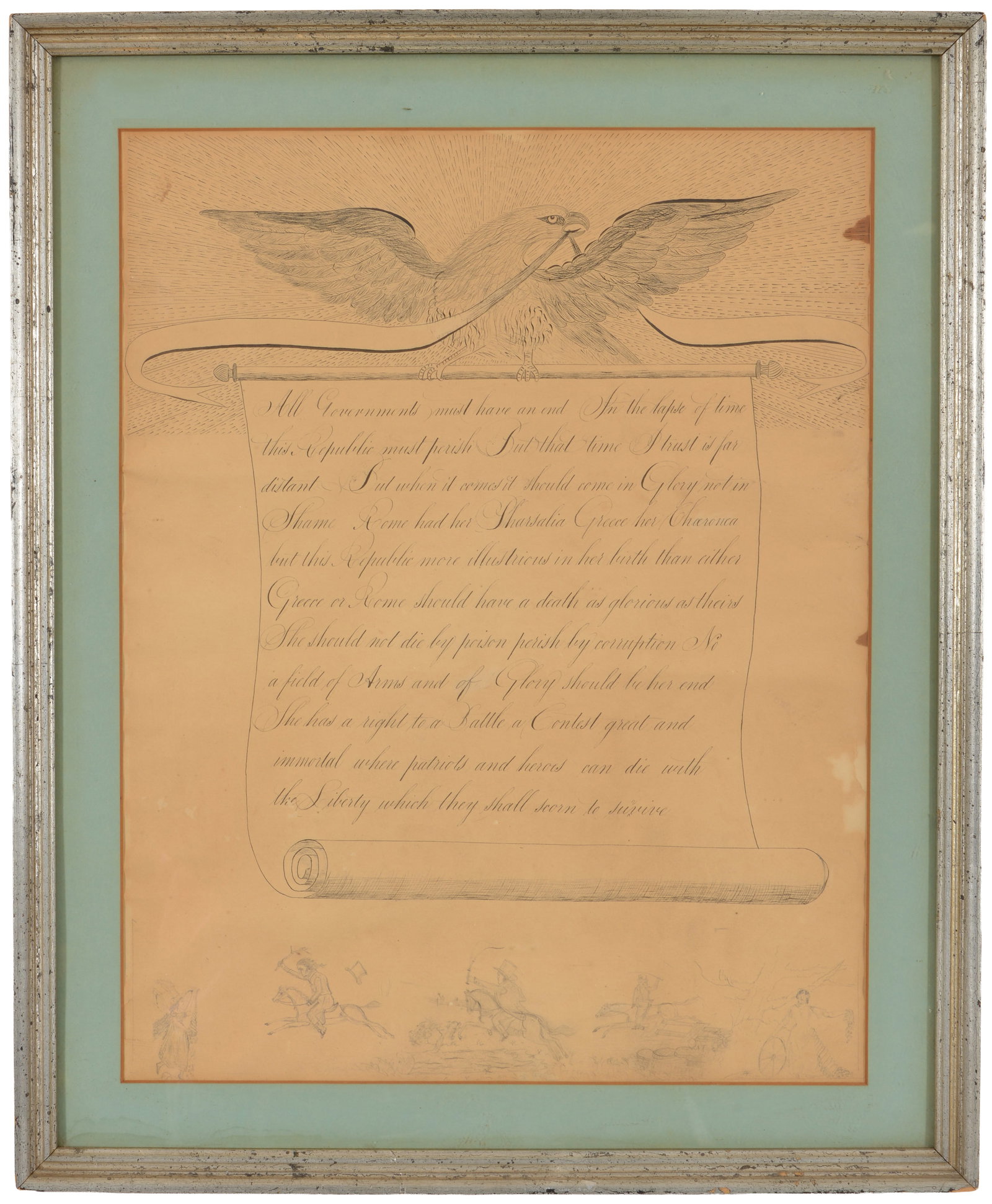 A Patriotic calligraphy drawing with an American eagle holding a banner and scroll with a passage: A Patriotic calligraphy drawing with an American eagle holding a banner and scroll with a passage about Liberty and the fate of the Republic. The base with sketches of classical figure flanking riders