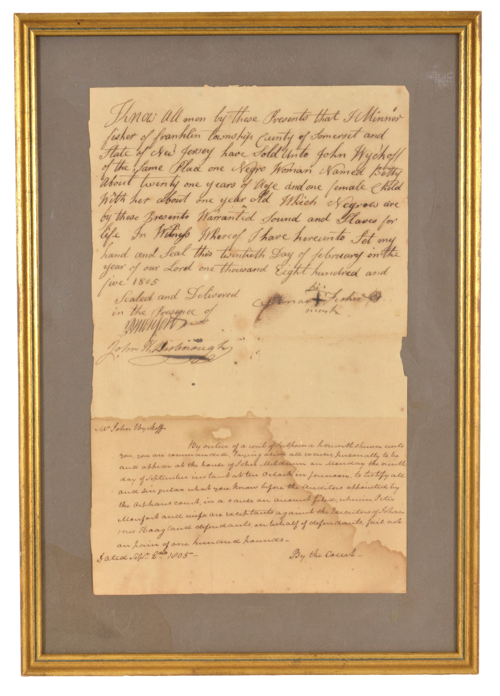 1805 New Jersey slave bill of sale for a 21 year old African American woman named Betty and a 1 year (1 of 20)