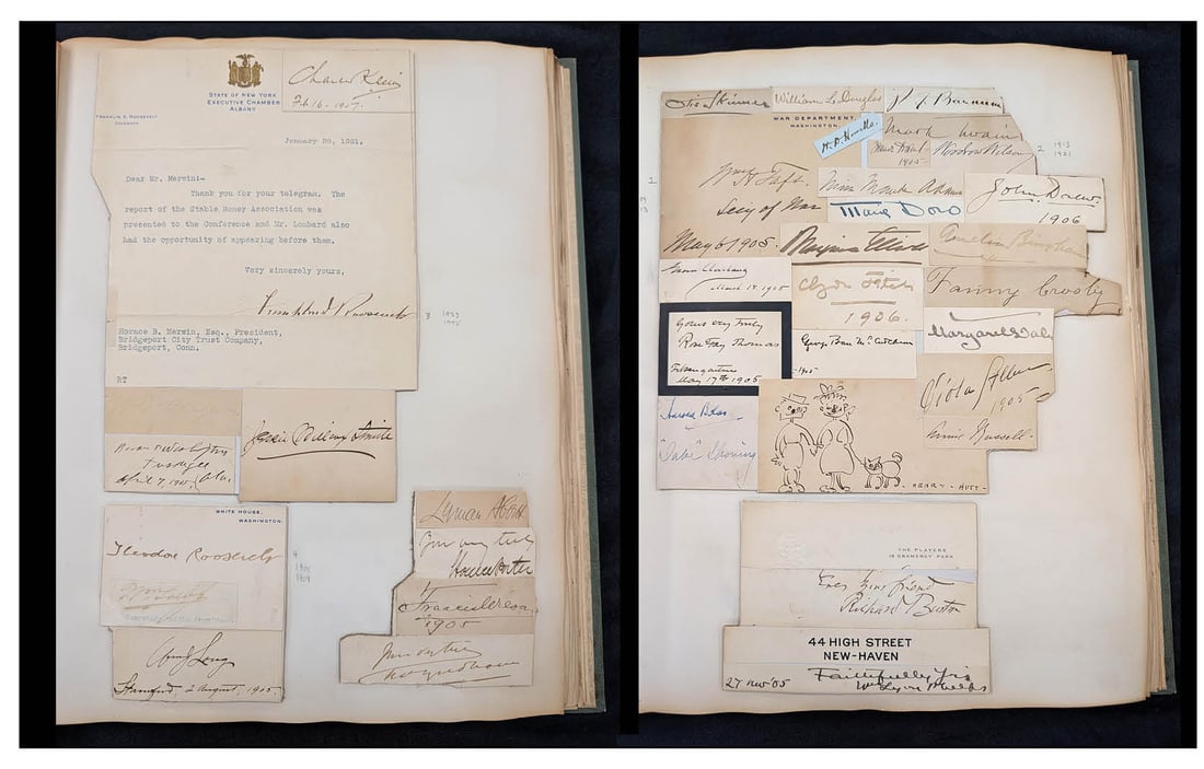 Large assembled autograph album, ca. 1900-1940. Collected by Horace Beach Merwin of Connecticut.: Large assembled autograph album, ca. 1900-1940. Collected by Horace Beach Merwin of Connecticut. Approximately 130 total autographs including the list below. Most documents/fragments have been laid do