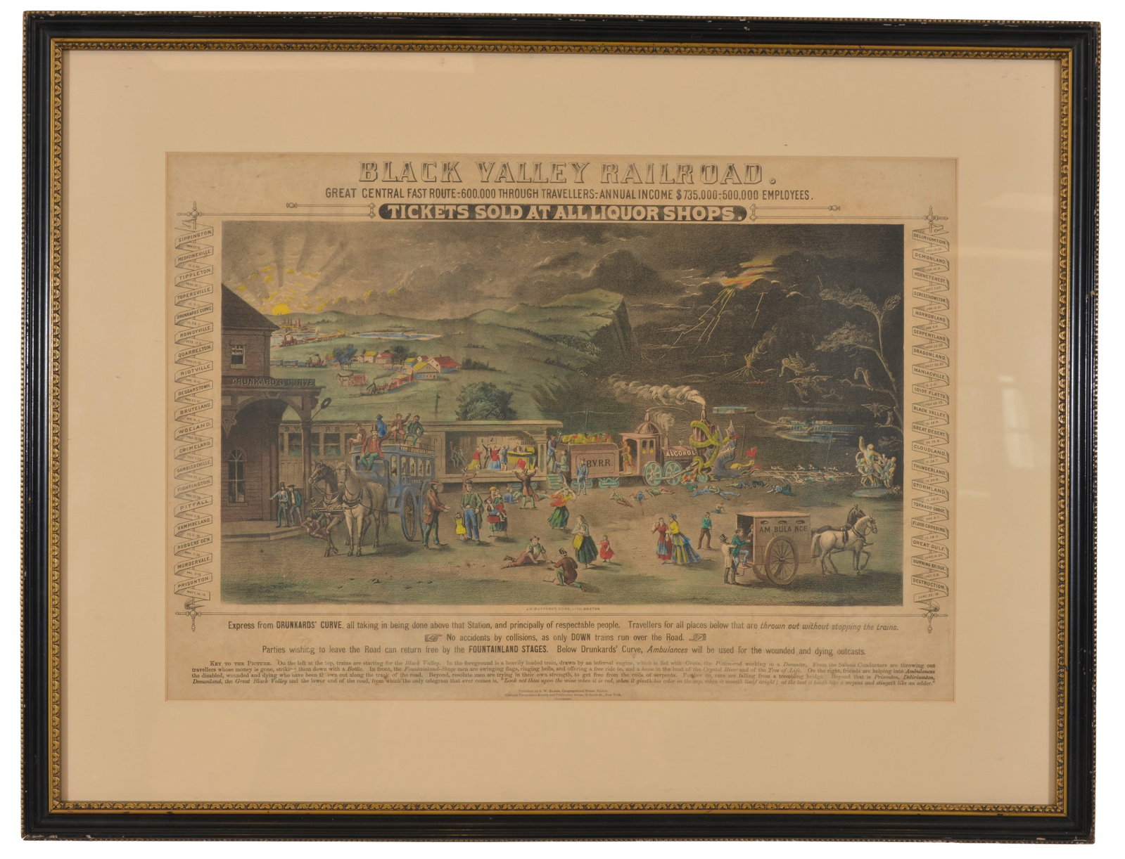 Hand colored temperance broadside print, "Black Valley Railroad" by J.H. Bufford and Sons. and: Hand colored temperance broadside print, "Black Valley Railroad" by J.H. Bufford and Sons. and published by S. W. Hanks, Congregationalist House, Boston, circa 1863. The image depicts a detail allegor