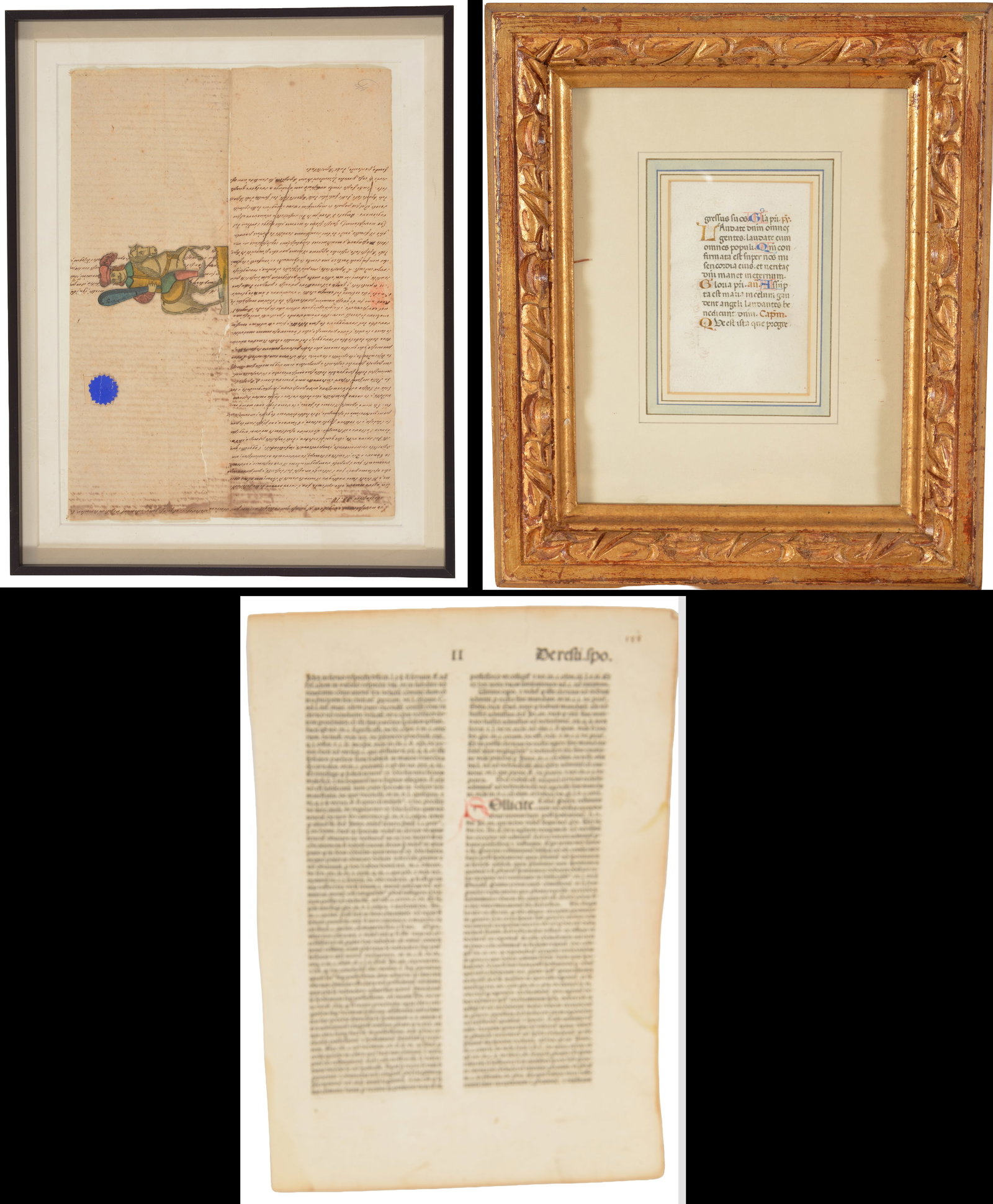 3 pieces of early ephemera. 1) Medieval book of hours manuscript page. Label on reverse states: 3 pieces of early ephemera. 1) Medieval book of hours manuscript page. Label on reverse states "Hours of the Virgin" and "Paduan (?) artist circa 1490-1500". Framed and matted under glass. Overall: 13