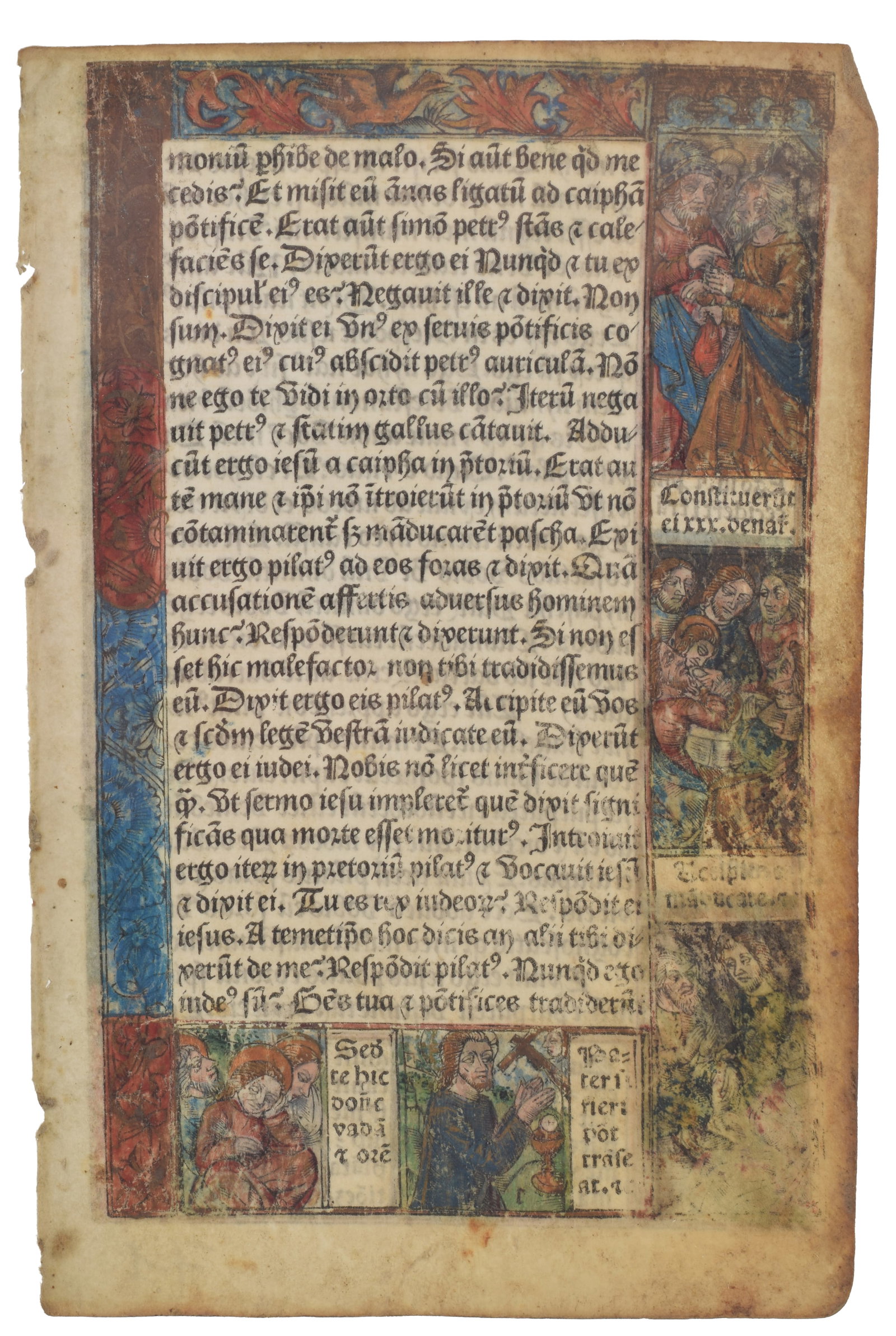 Late medieval manuscript page. Illuminated or hand colored margin scenes. Double sided stand. Sheet (1 of 4)