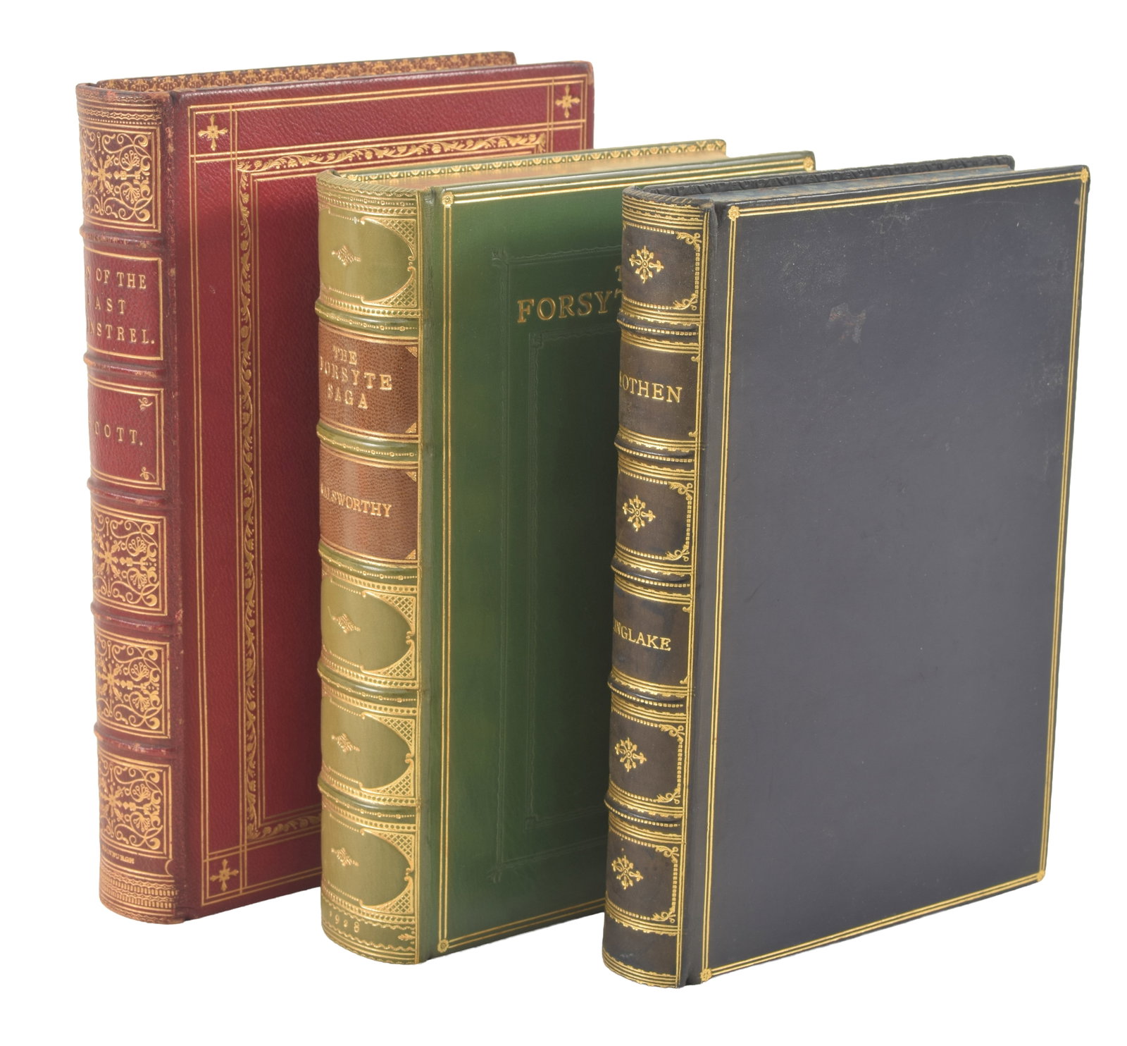 3 antique books with fine bindings. To include: 1) Eothen by A.W. Kinglake. 1904. Blue and gilt fine: 3 antique books with fine bindings. To include: 1) Eothen by A.W. Kinglake. 1904. Blue and gilt fine leather binding by Rickers & Son London. 2) The Forsyte Saga by John Galsworthy. Green fine leather