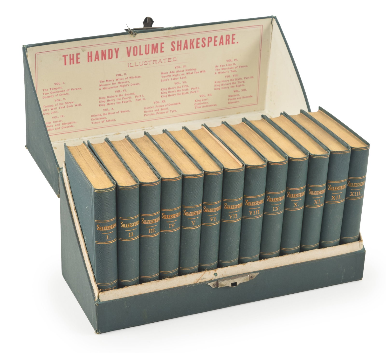 The Handy Volume Shakespeare cased 13 volume set. New York: James Miller, ca. late 19th/early 20th: The Handy Volume Shakespeare cased 13 volume set. New York: James Miller, ca. late 19th/early 20th century. Complete works of William Shakespeare. Green cloth bindings with gilt lettering and gilt pag