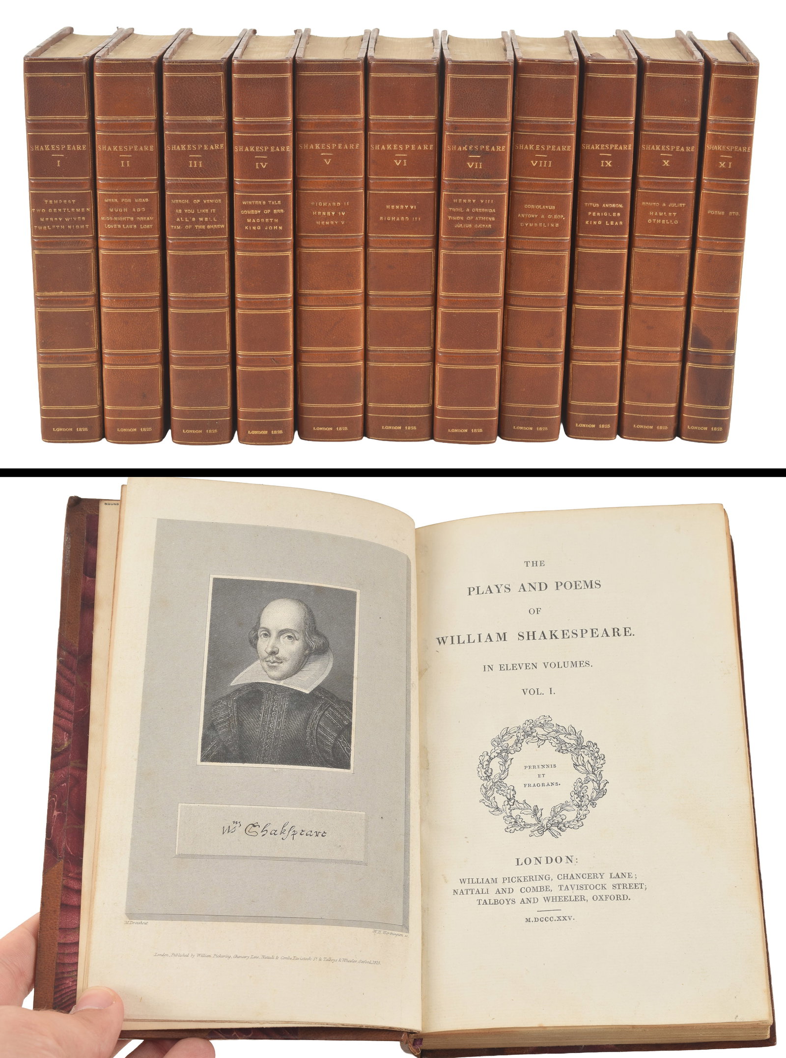 1825 The Plays and Poems of William Shakespeare. 11 volume set. Antique rebinding in three quarter (1 of 4)
