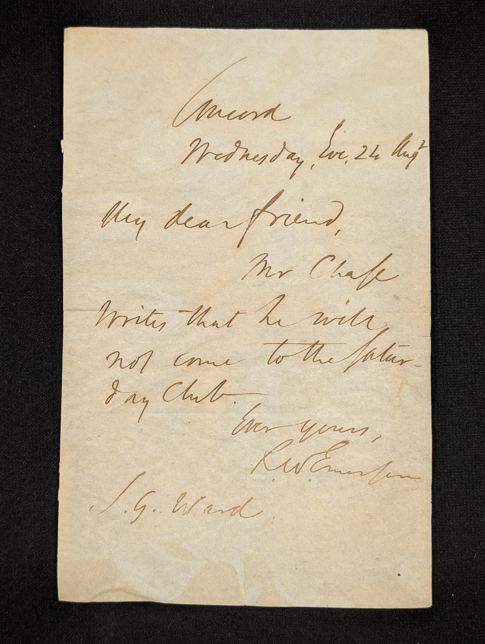 Ralph Waldo Emerson ALS regarding the Saturday Club. The letter reads: My dear friend, Mr. Chase (1 of 3)
