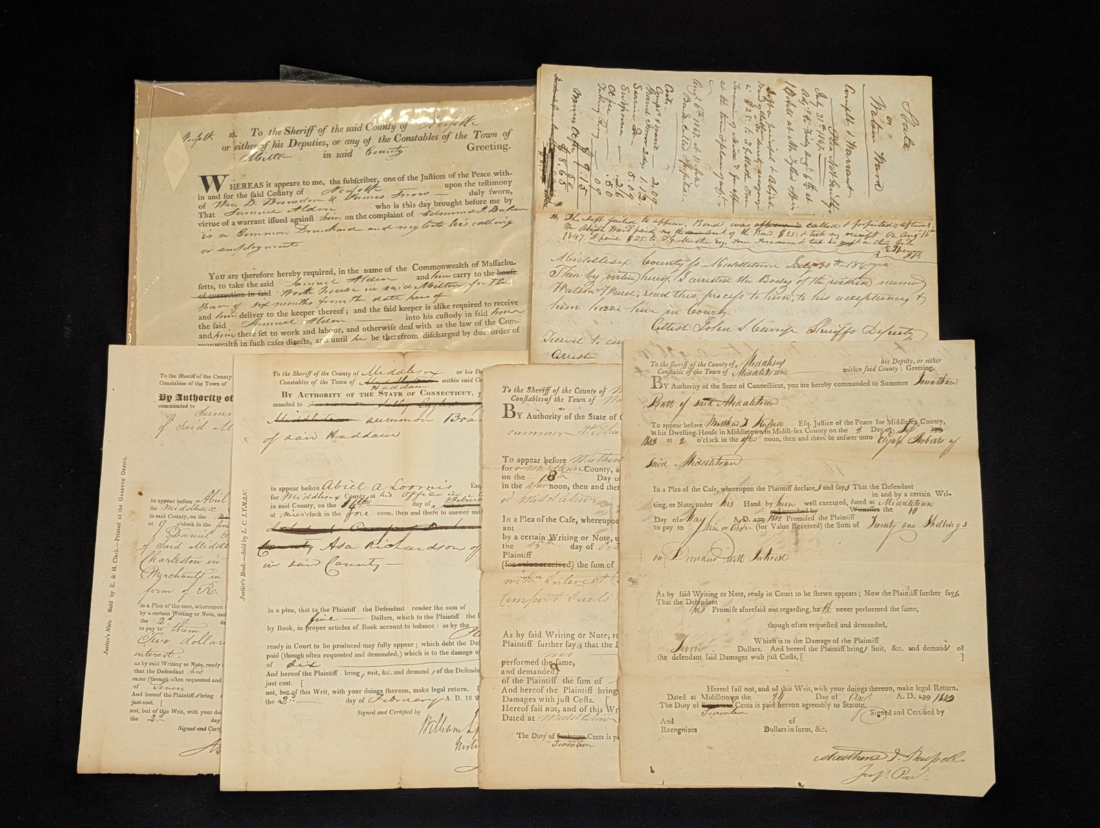 Collection of early 1800s Connecticut warrants, summons and sheriff documents. 6 total documents. (1 of 9)