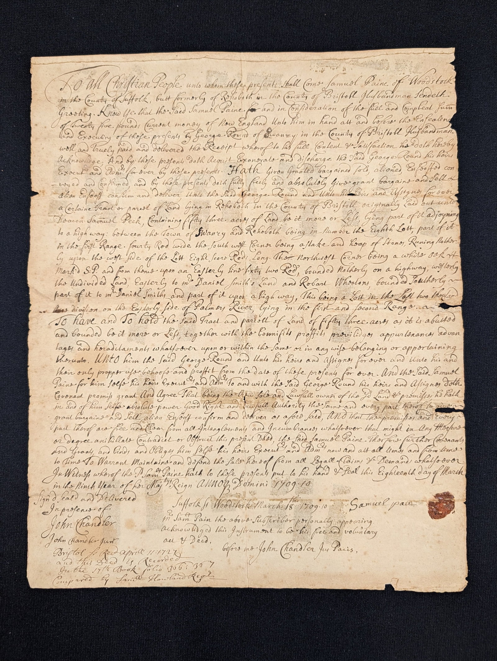 Lot of early American colonial documents. To include: 1664 Hingham, Massachusetts land grant; 1709 (1 of 7)