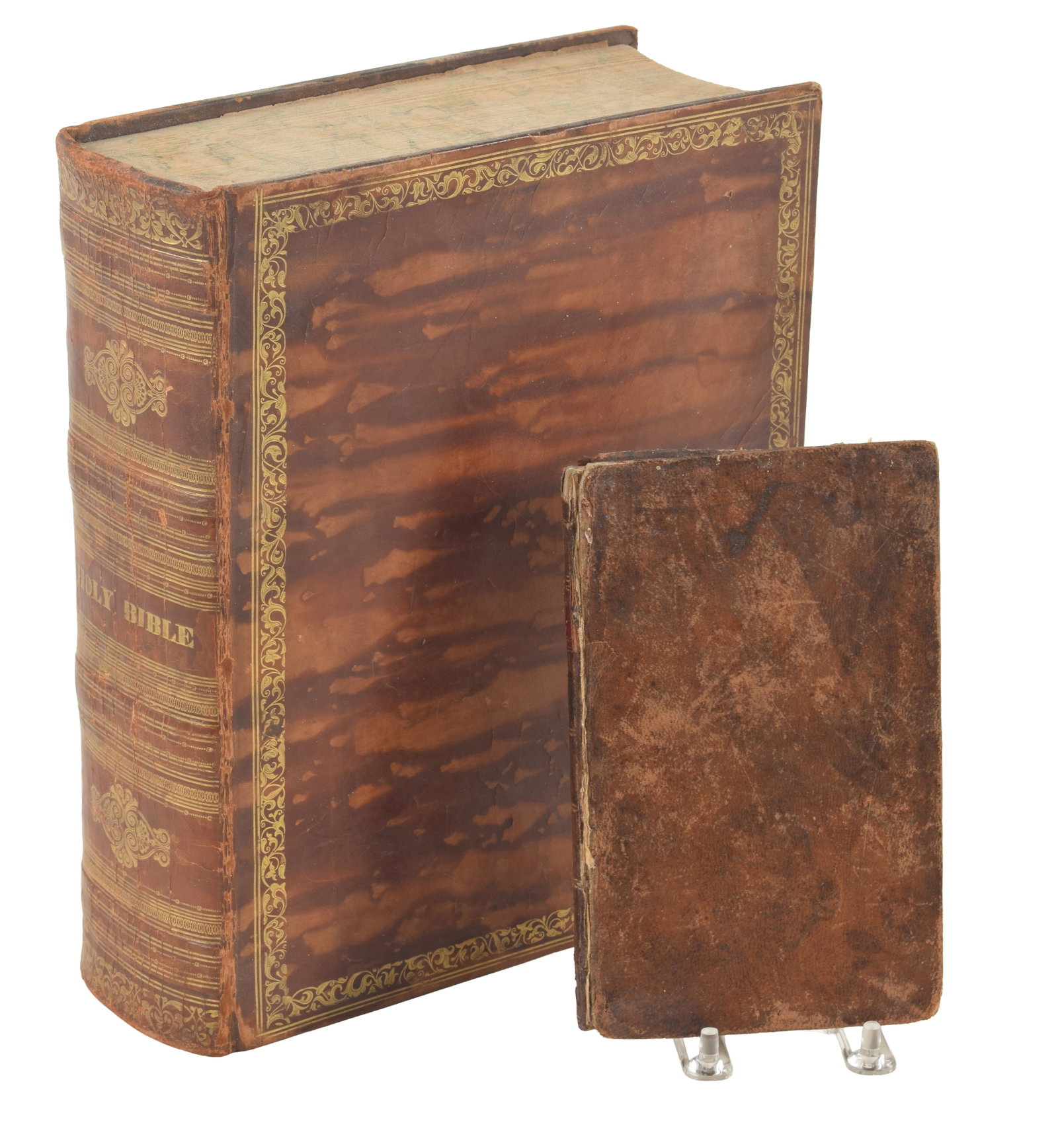 2 early American books. 1) Holy Bible. Boston: C. Ewer, 1828. Fold-out frontispiece of Adam naming (1 of 6)