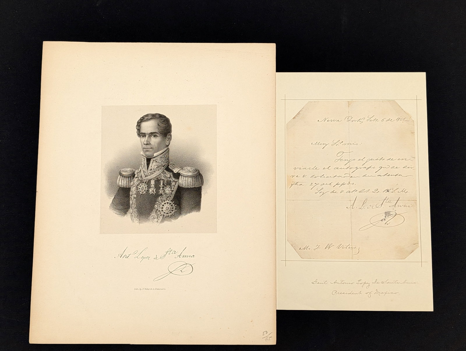 Antonio Lopez de Santa Anna ALS. Handwritten letter dated 1866 and apparently from New York (Nueva (1 of 2)