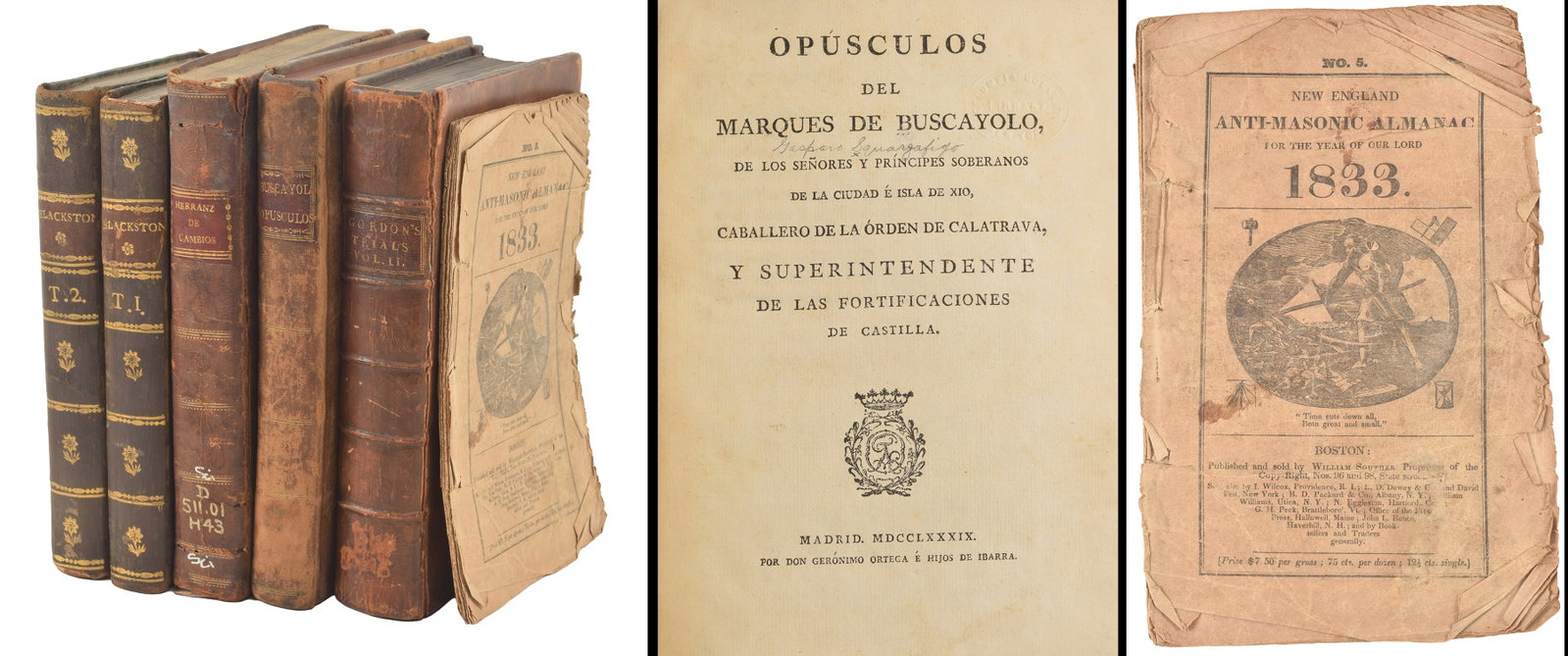 Lot of antique books. 1) 1833 New England Anti-Masonic Almanac. 2) 1760 General History of the: Lot of antique books. 1) 1833 New England Anti-Masonic Almanac. 2) 1760 General History of the Lives, Trials, and Executions of all the Royal and Noble Personages, vol 2 only. 3) 1813 Comentario sul C