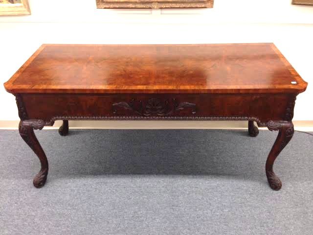 Fine Irish Chippendale style one drawer, walnut table: Fine Irish Chippendale style one drawer burl walnut Pier table with fine shell carving on drawer and legs. Carved dart and bead border. Carved and scrolled cabriole legs. Fine finish. Purchased in Ire