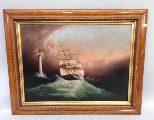 Attributed to Clement Drew, Luminous Seascape: Attributed to Clement Drew, Luminous Seascape painting- Ship off Minots Light. Oil on canvas. Framed. Ship named Union ??? Two small patches, one is quarter size. One is 1-1/2" x 1-1/2". 22" x 30" (si