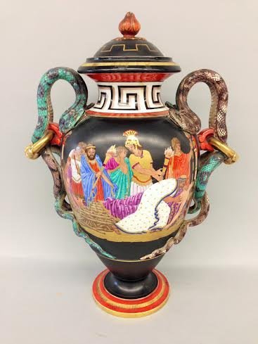 Paris Porcelain black ground covered urn, snake handles (1 of 10)