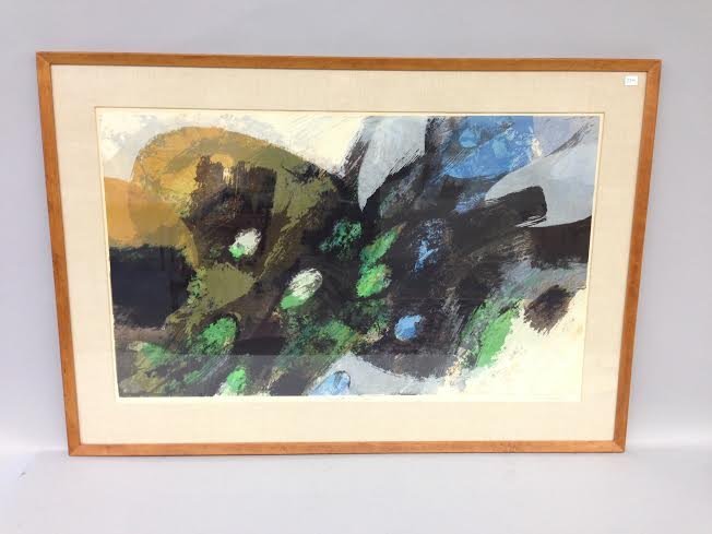 R.A. Smith, "Movement of a Tree". Print.: R.A. Smith, "Movement of a Tree". Print. Purchased at DeCordova. Dated 1960. TE68 AP. Marked Carl Siembab Gallery, Boston. Sight size- 21-1/2" x 35-1/2" . Overall size- 291-/4" x 42-1/2".