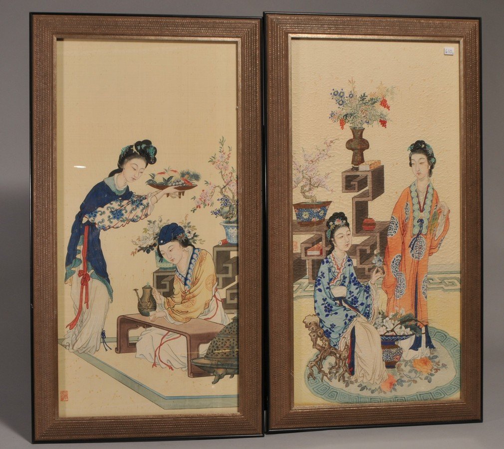 Early 20th century framed pair of Chinese paintings on (1 of 9)