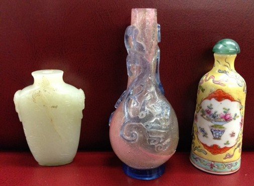 Three Chinese Snuff Bottles. One- Celadon stone. One- (1 of 5)