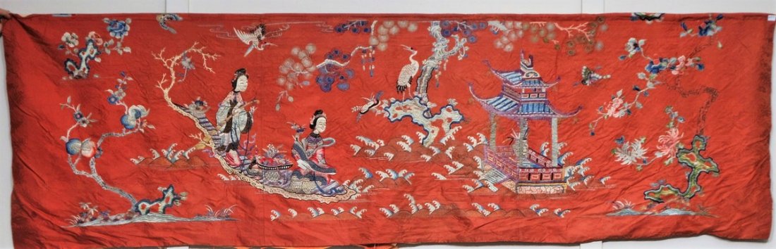 Large 19th century Chinese red ground silk panel with (1 of 5)