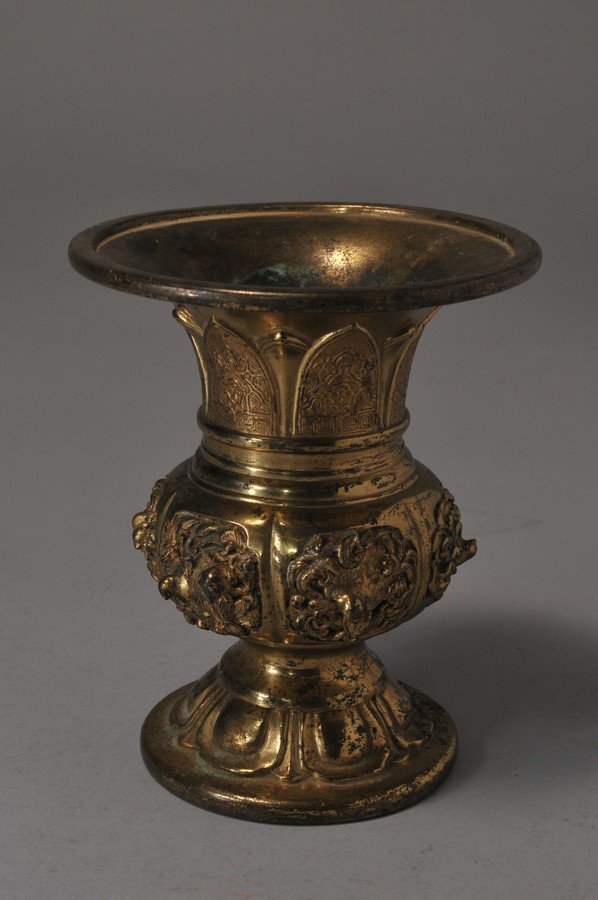 Antique Asian Gilt Bronze vase with relief bird (1 of 4)