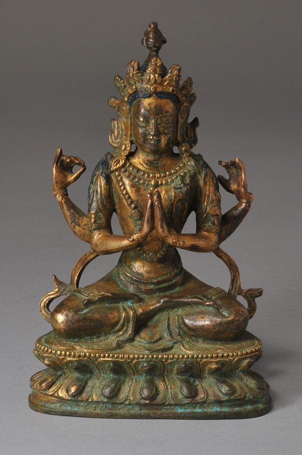 Gilt Bronze Buddhist image of Sino Tibetan. 19th: Gilt Bronze Buddhist image of Sino Tibetan. 19th century. Figure of Shadakhshari Lokeshavara. 6" high.
