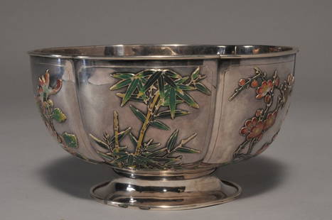 Chinese Export Silver Lobed bowl with enameled bird,: Chinese Export Silver Lobed bowl with enameled bird, floral and bamboo decoration. Signed in Chinese on base and marked China Silver. 7-1/2" wide x 4" high. 22.6 troy ounces.