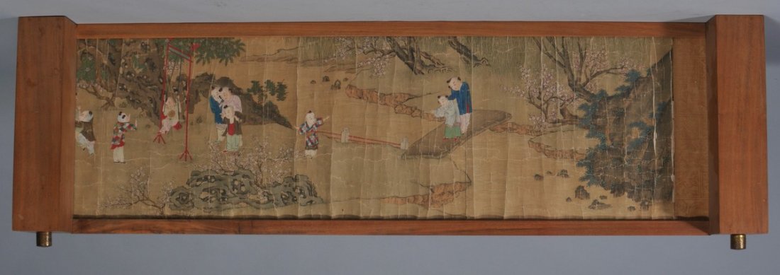 Handscroll. China. 18th century. Ink and colours on: Handscroll. China. 18th century. Ink and colours on silk. Brocade mounts, engraved gilt copper pulls. Scene of children playing in a palace garden. Unusual shadow box for display. Creases to painting.