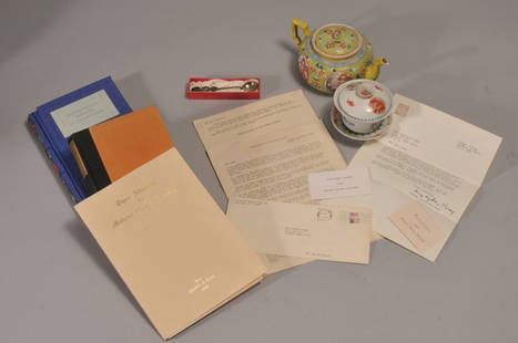 Collection of gifts from Madam Chiang Kai Shek to Mrs.: Collection of gifts from Madam Chiang Kai Shek to Mrs. John T. Clark, dated 1938. To include: A covered tea cup and saucer with the inscription "Presented to Wellesley classmates by Mayling Soong Chia