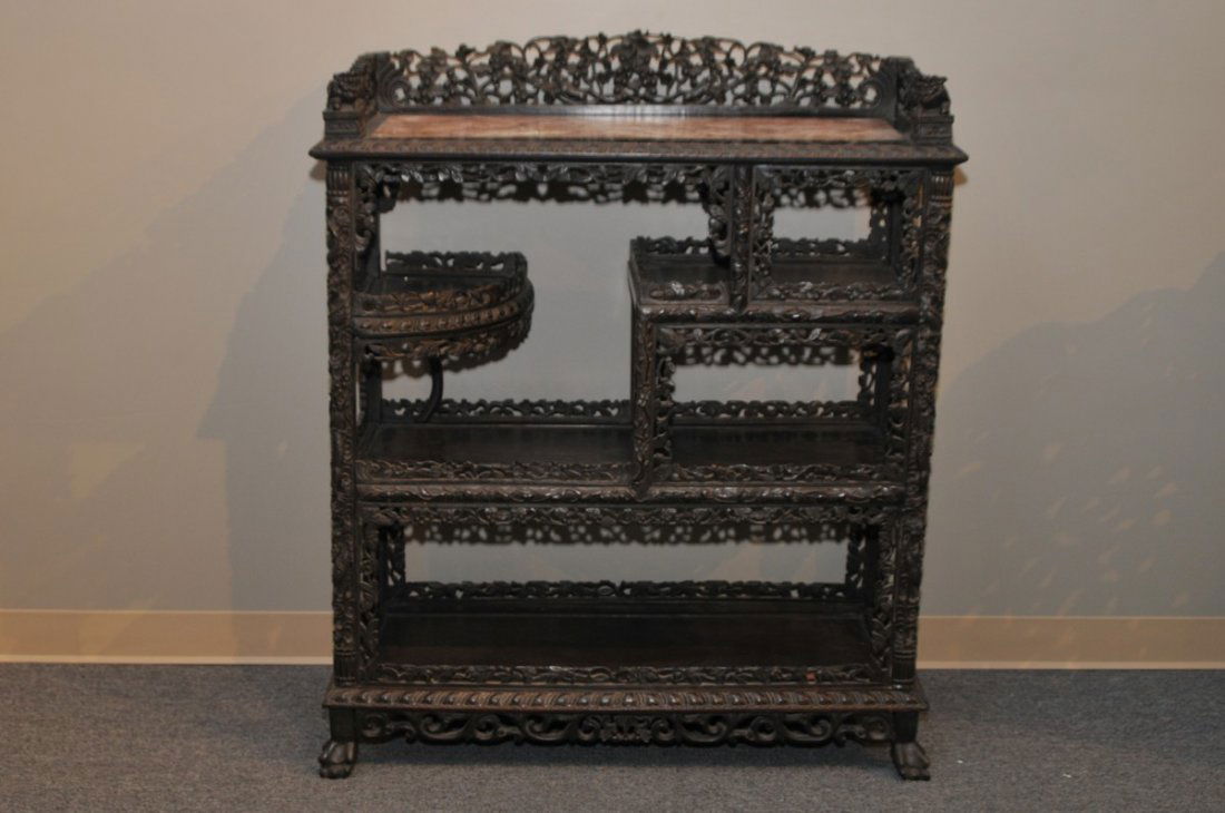 Antique Chinese pierced carved blackwood five-shelf (1 of 9)
