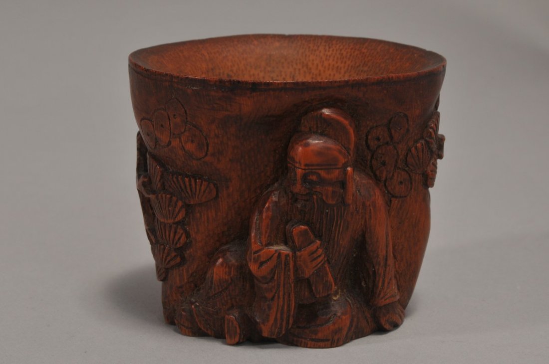 19th century Chinese Carved Bamboo cup with figural (1 of 3)