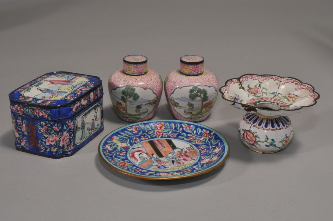 Lot of 5 Chinese Enamel ware items. (1) Pair of covered (1 of 3)