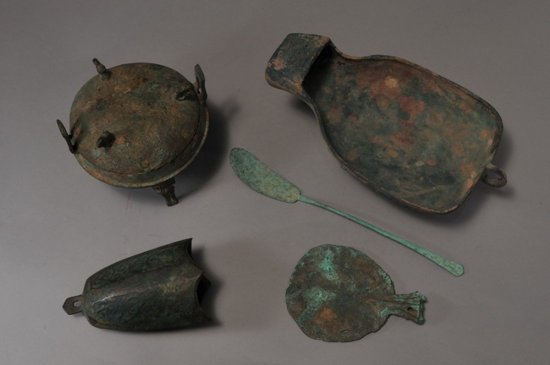 Lot of five Chinese Archaic bronze items. One covered (1 of 5)